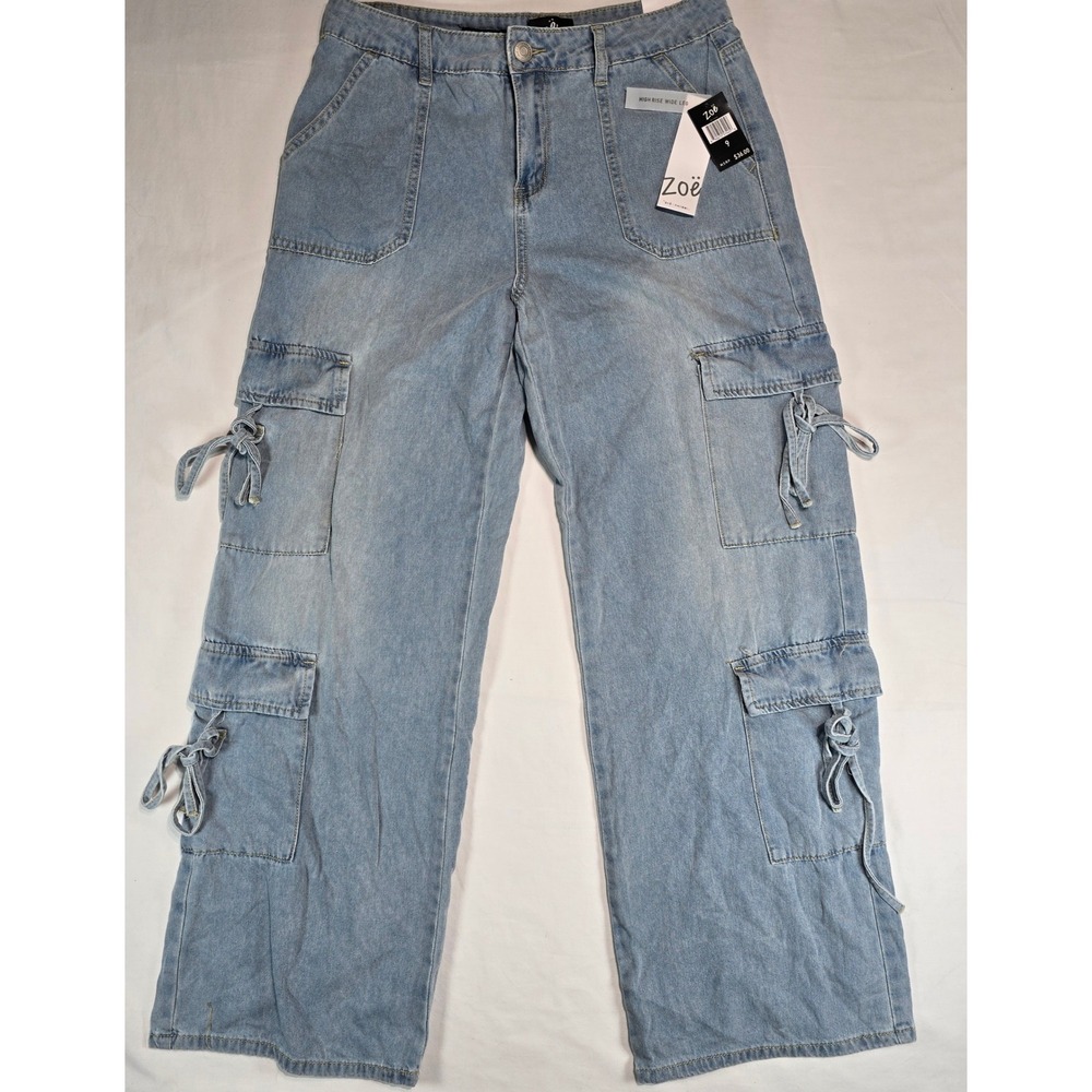 Zoe by Zoe + Phoebe High Rise Wide Leg Cargo Jeans Light Wash Blue Size 9‎ NWT